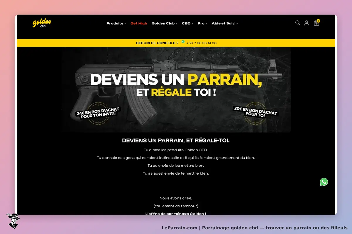 golden cbd : page d'accueil avec un visuel et un texte sur le parrainage et les produits