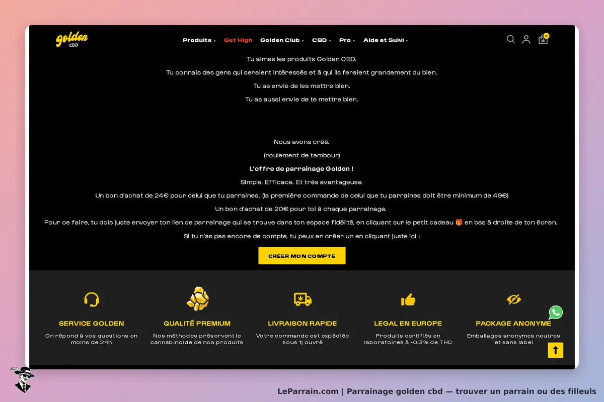 golden cbd : page d'accueil avec informations sur le parrainage et services proposés
