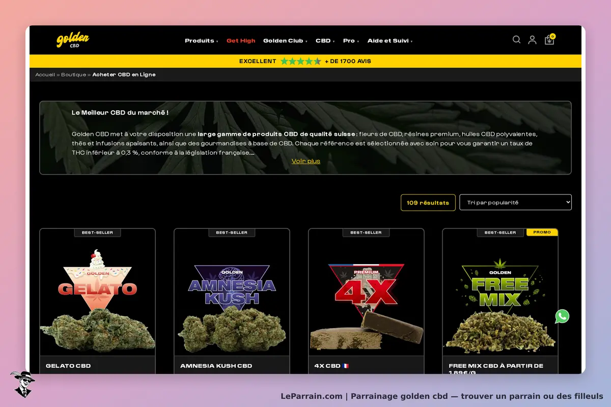 golden cbd : page de catégorie avec plusieurs produits CBD affichés et un menu en haut