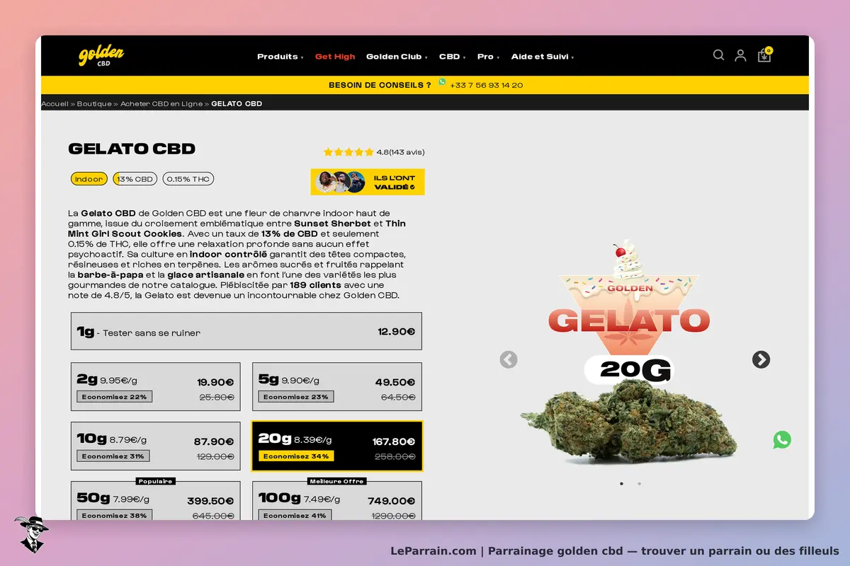 golden cbd : page produit Gelato CBD avec description et image de la fleur de chanvre