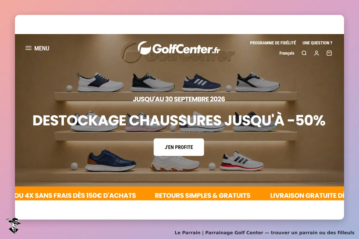 Golf Center : page d'accueil présentant des chaussures de golf sur des étagères