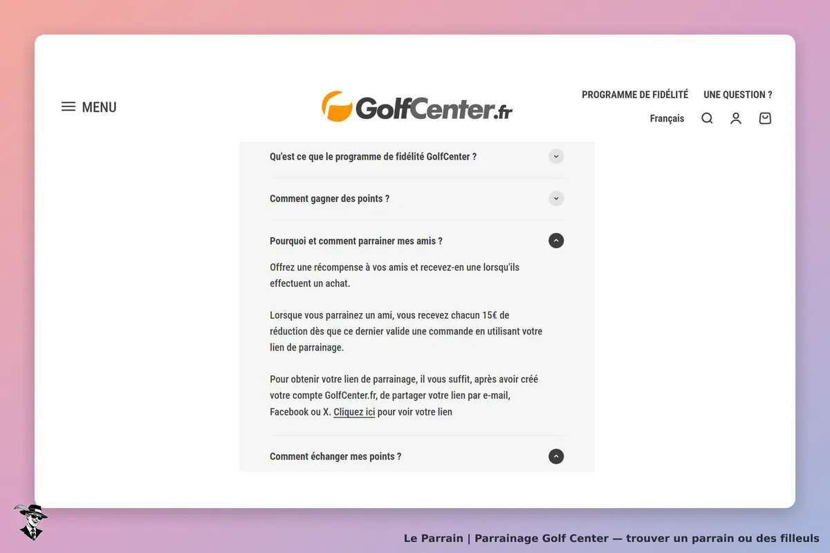 Golf Center : page d'accueil avec questions sur le programme de fidélité et le parrainage