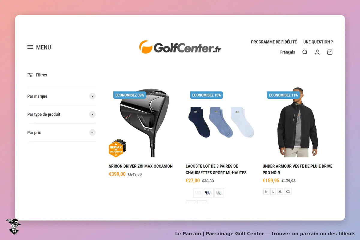 Golf Center : page d'accueil avec produits de golf et filtres de recherche à gauche
