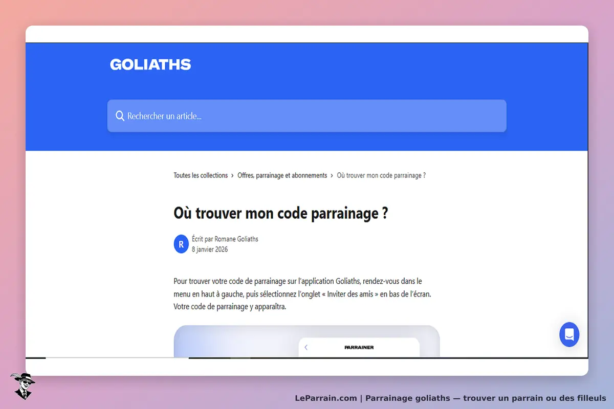 GOLIATHS : page d'aide sur la recherche de code parrainage avec barre de recherche en haut