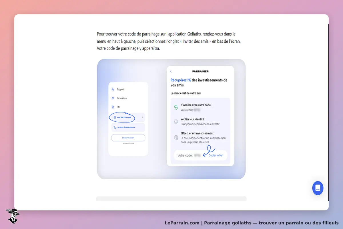 Goliaths : interface de parrainage avec options et instructions pour inviter des amis