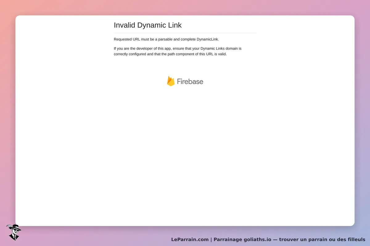 goliaths.io : message d'erreur indiquant un lien dynamique invalide avec logo Firebase