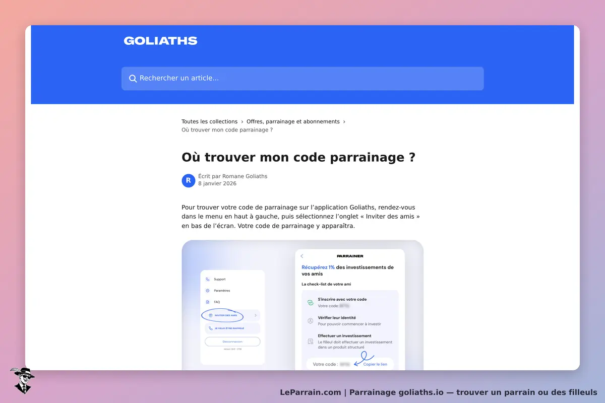 goliaths.io : gOLIATHS : page d'aide sur la localisation du code de parrainage dans l'application