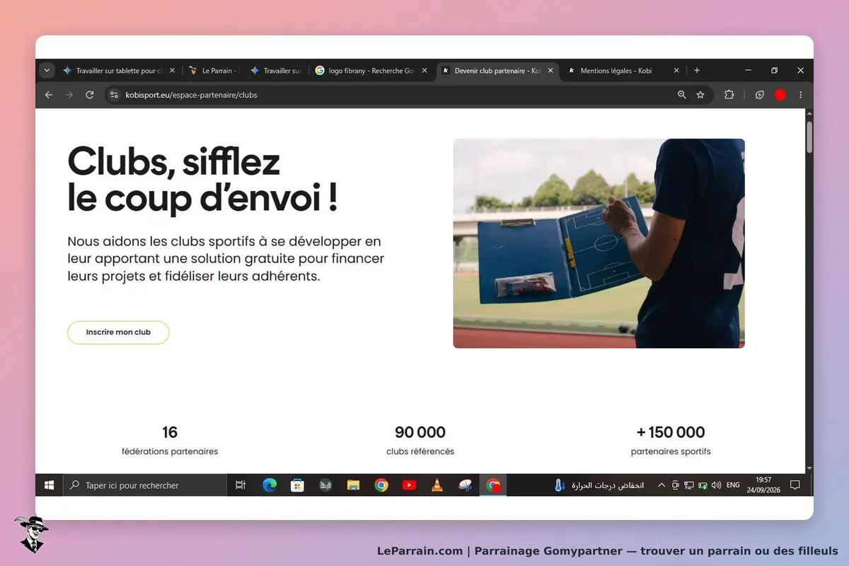 Gomypartner : page d'accueil avec un message sur le soutien aux clubs sportifs et une image