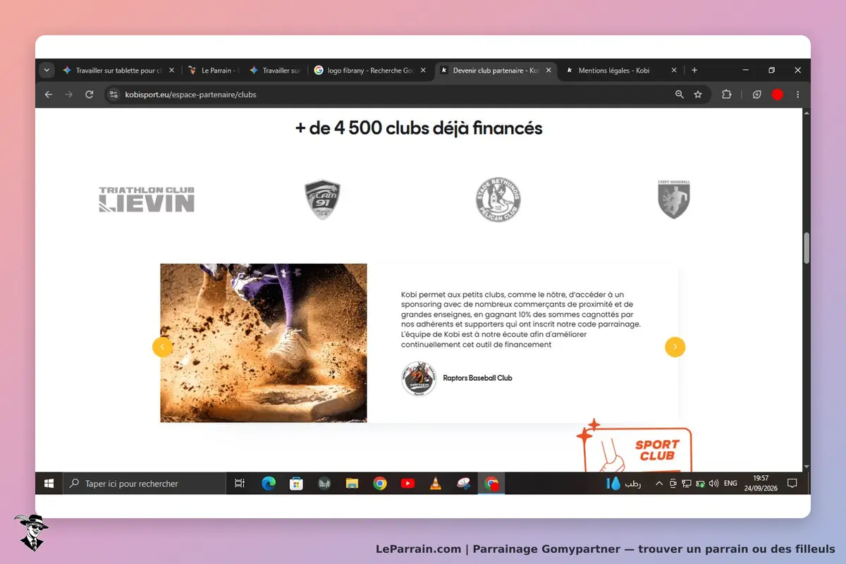 Gomypartner : page présentant des clubs financés avec logos et texte explicatif sur le parrainage