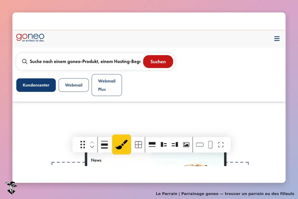 goneo : page d'accueil avec barre de recherche et options de connexion au client et webmail