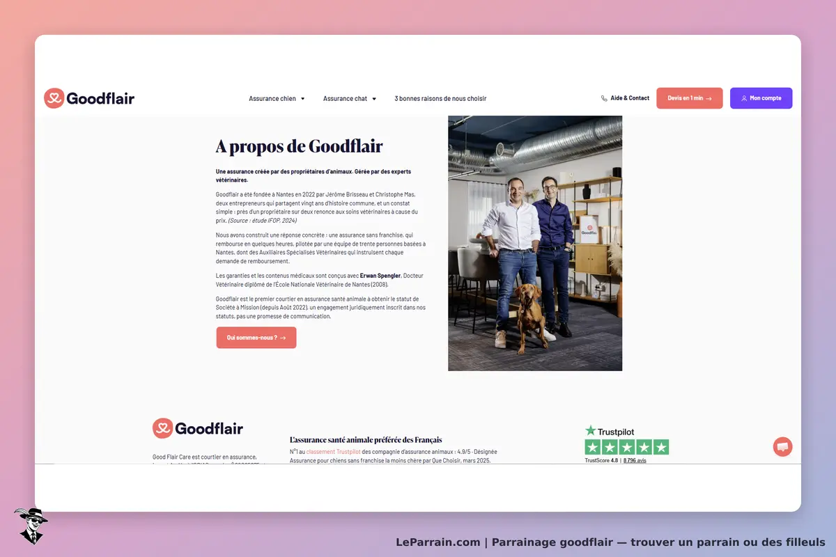 Goodflair : présentation de l'entreprise avec deux fondateurs et un chien dans un bureau moderne
