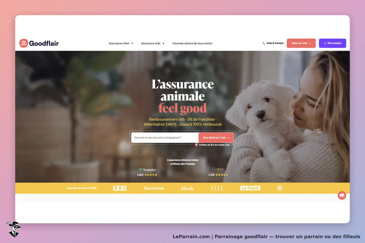 Goodflair : page d'accueil avec un chien et une personne, titre sur l'assurance animale
