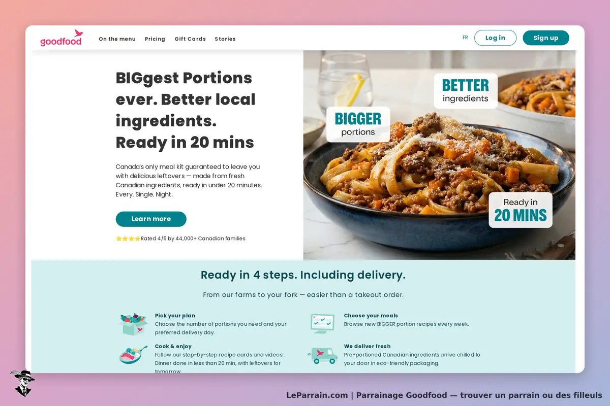 goodfood : page d'accueil présentant des plats, un formulaire et des étapes de préparation