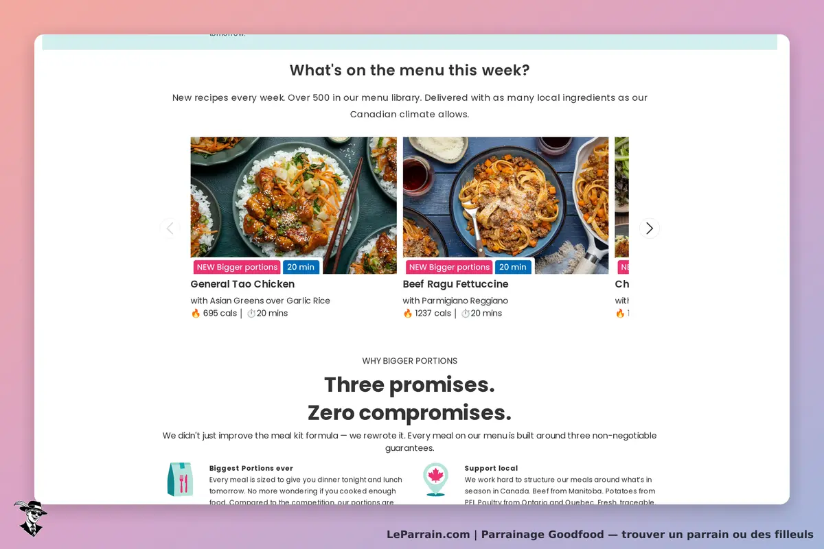 Goodfood : deux plats avec images, titres et temps de préparation sur la page d'accueil