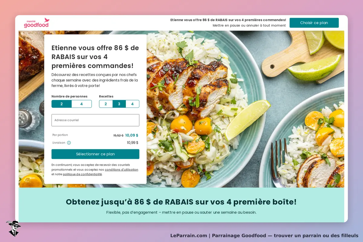 Goodfood : page d'accueil avec plat de poulet, riz et légumes, formulaire de commande à gauche