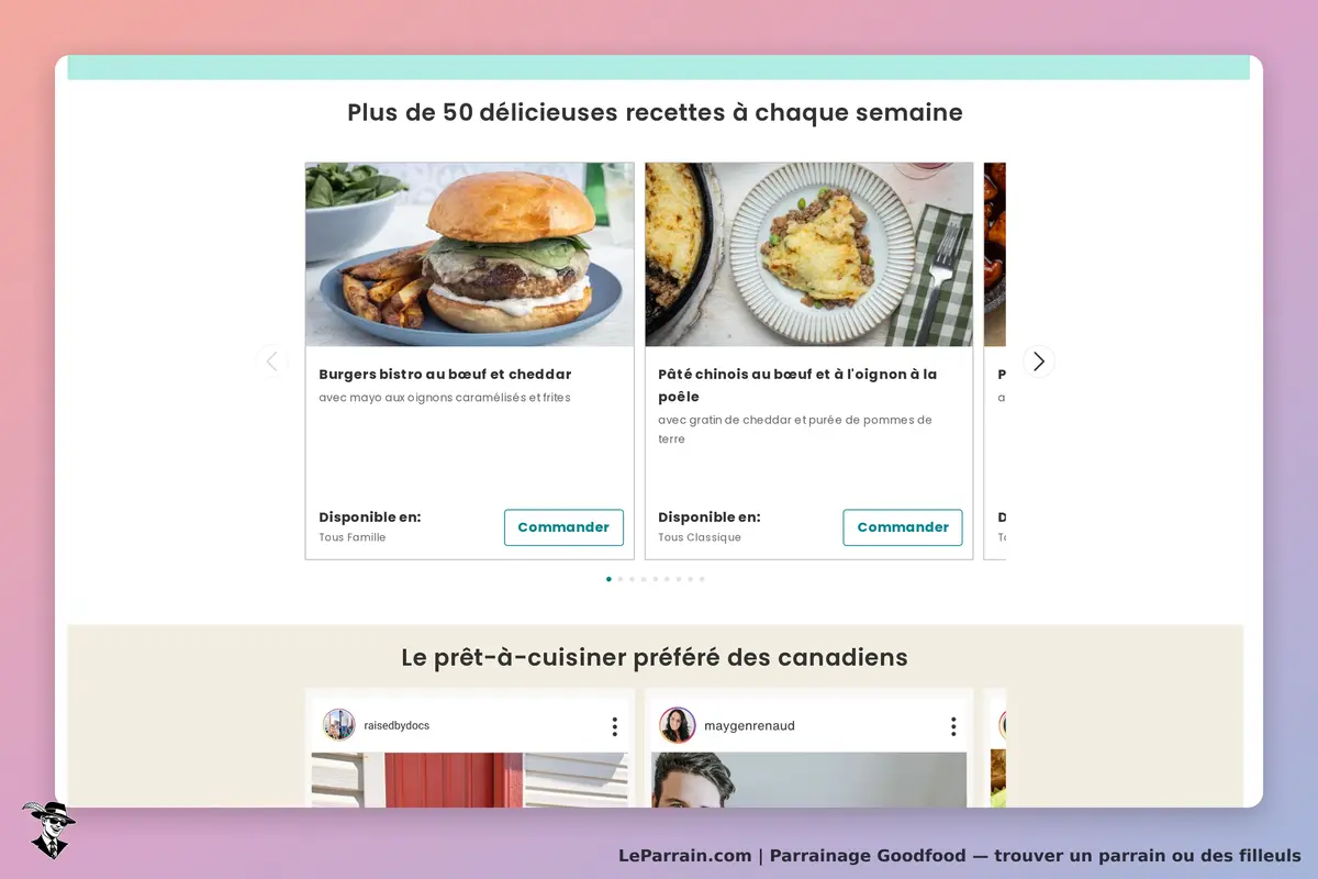 Goodfood : page d'accueil avec recettes de burgers et pâté chinois affichées