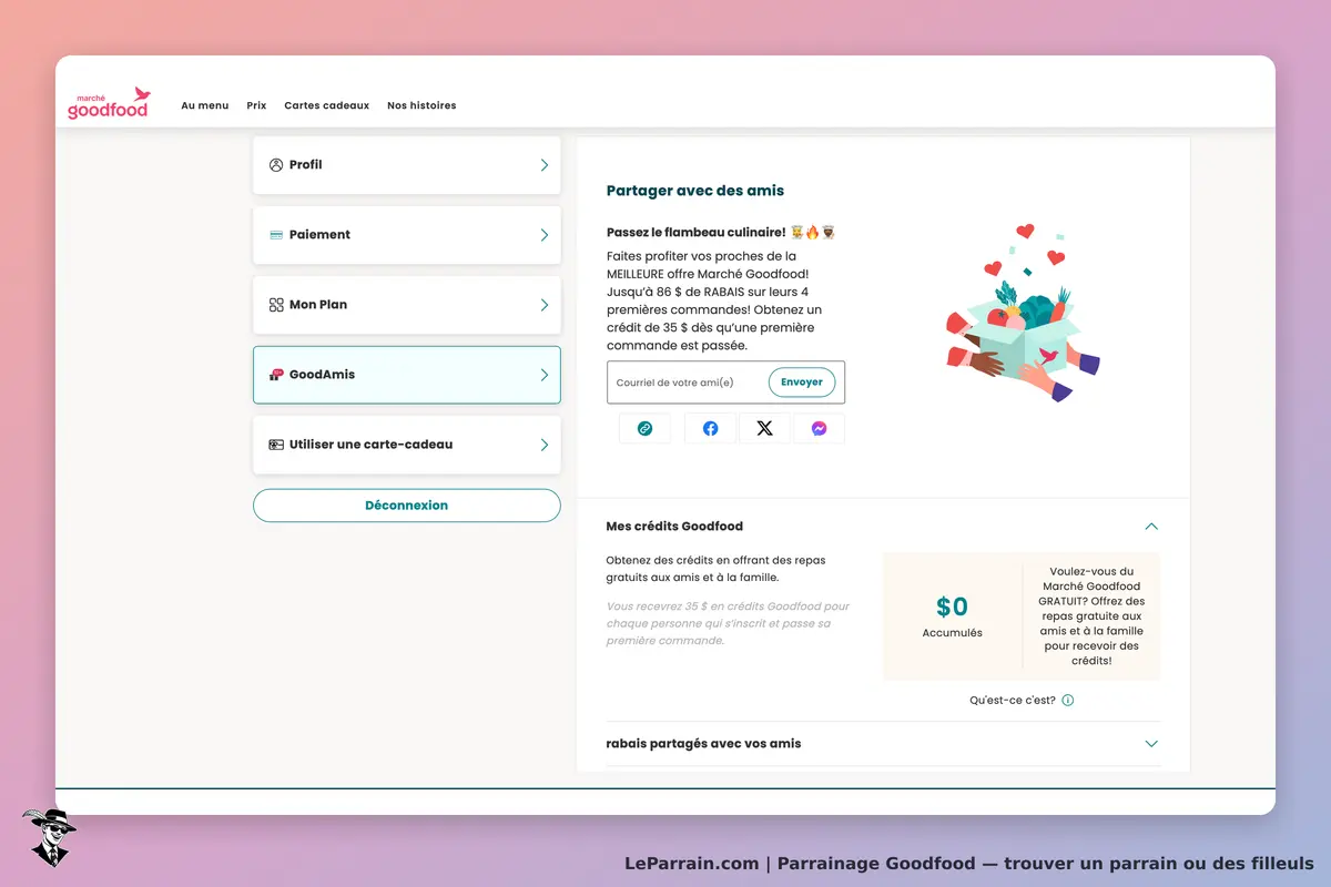 Goodfood : page d'accueil avec options de profil et section pour partager avec des amis
