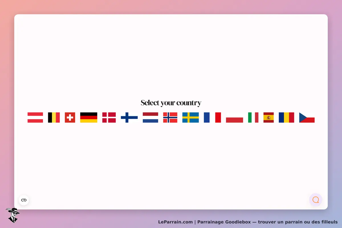 Goodiebox : écran de sélection de pays avec plusieurs drapeaux et le texte "Select your country"