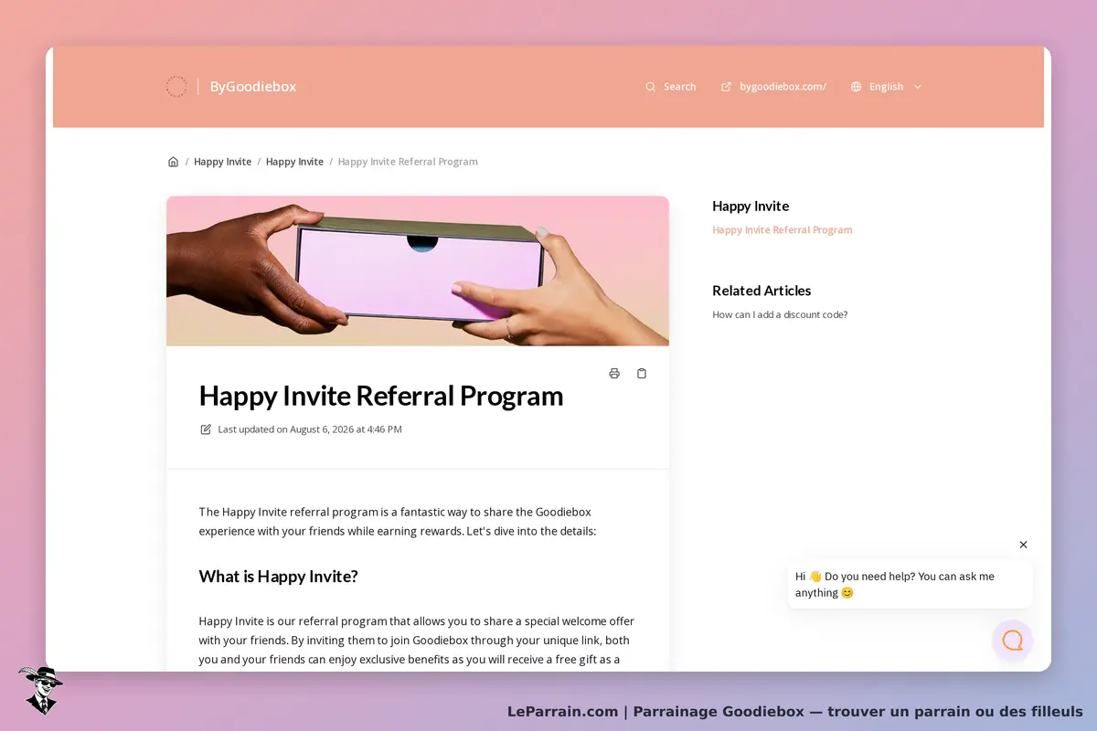 Goodiebox : programme de parrainage avec une boîte à l'aspect coloré et des mains qui la tiennent