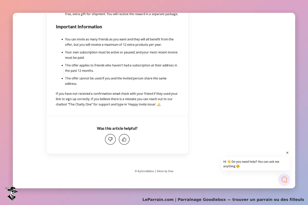 Goodiebox : informations importantes sur le parrainage et assistance via un chatbot