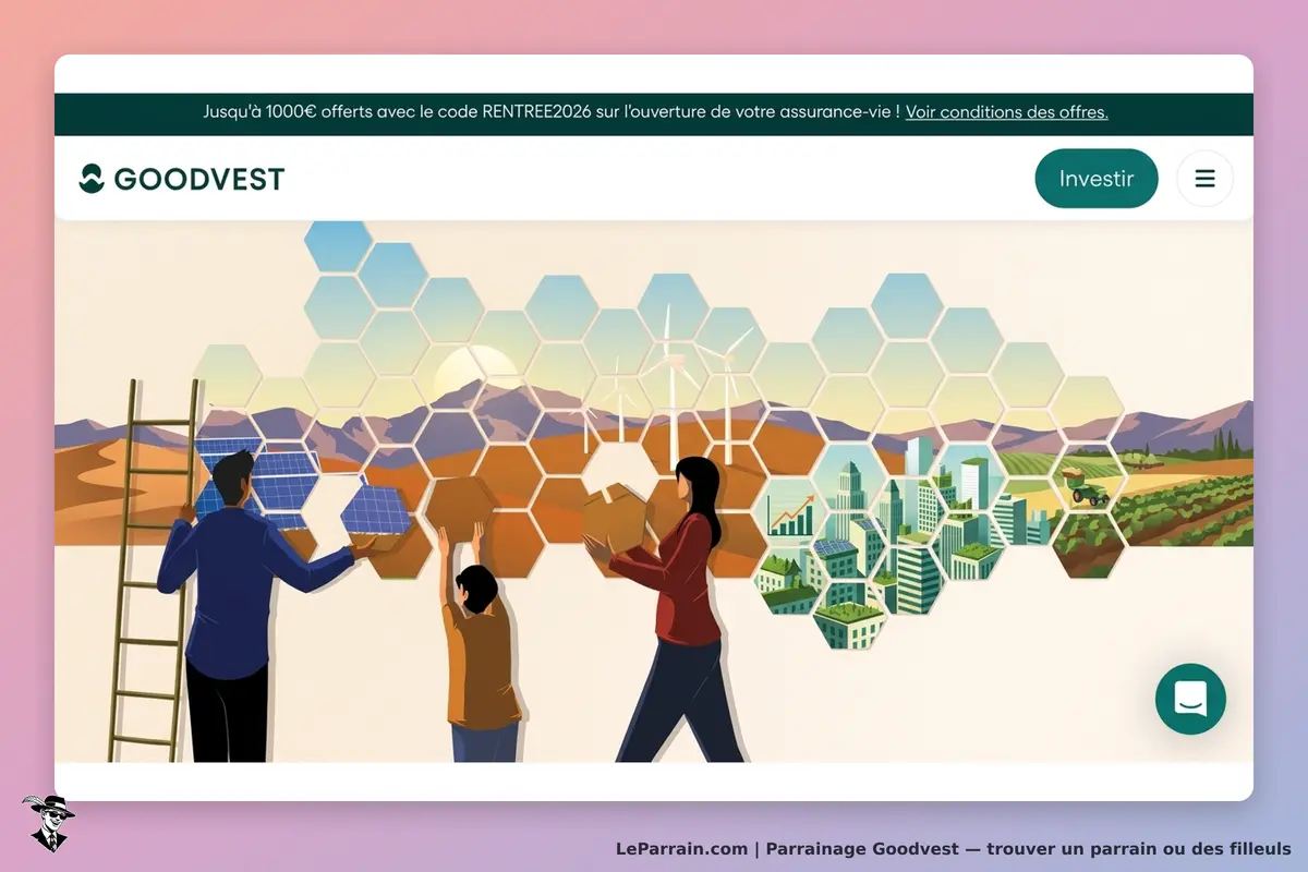 Goodvest : illustration d'une famille construisant un mur de panneaux solaires et paysages