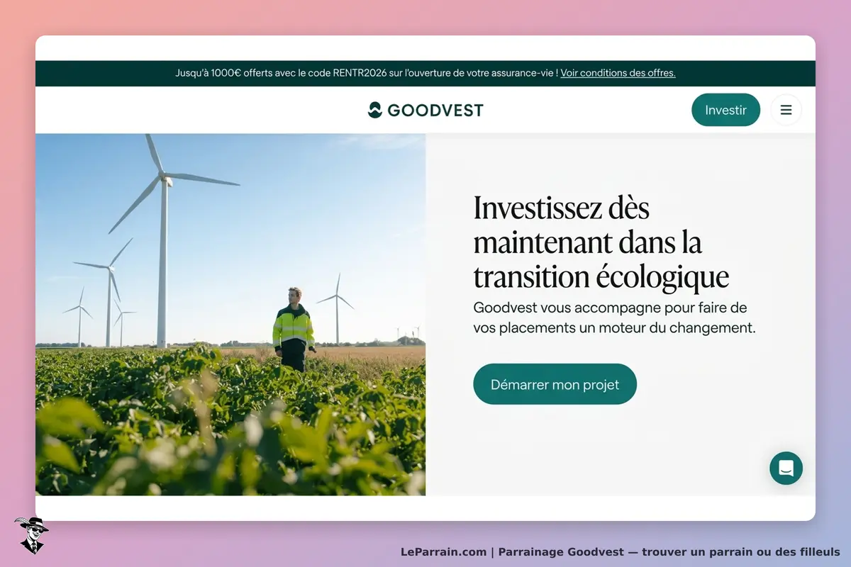 Goodvest : page d'accueil avec un homme dans un champ et des éoliennes en arrière-plan