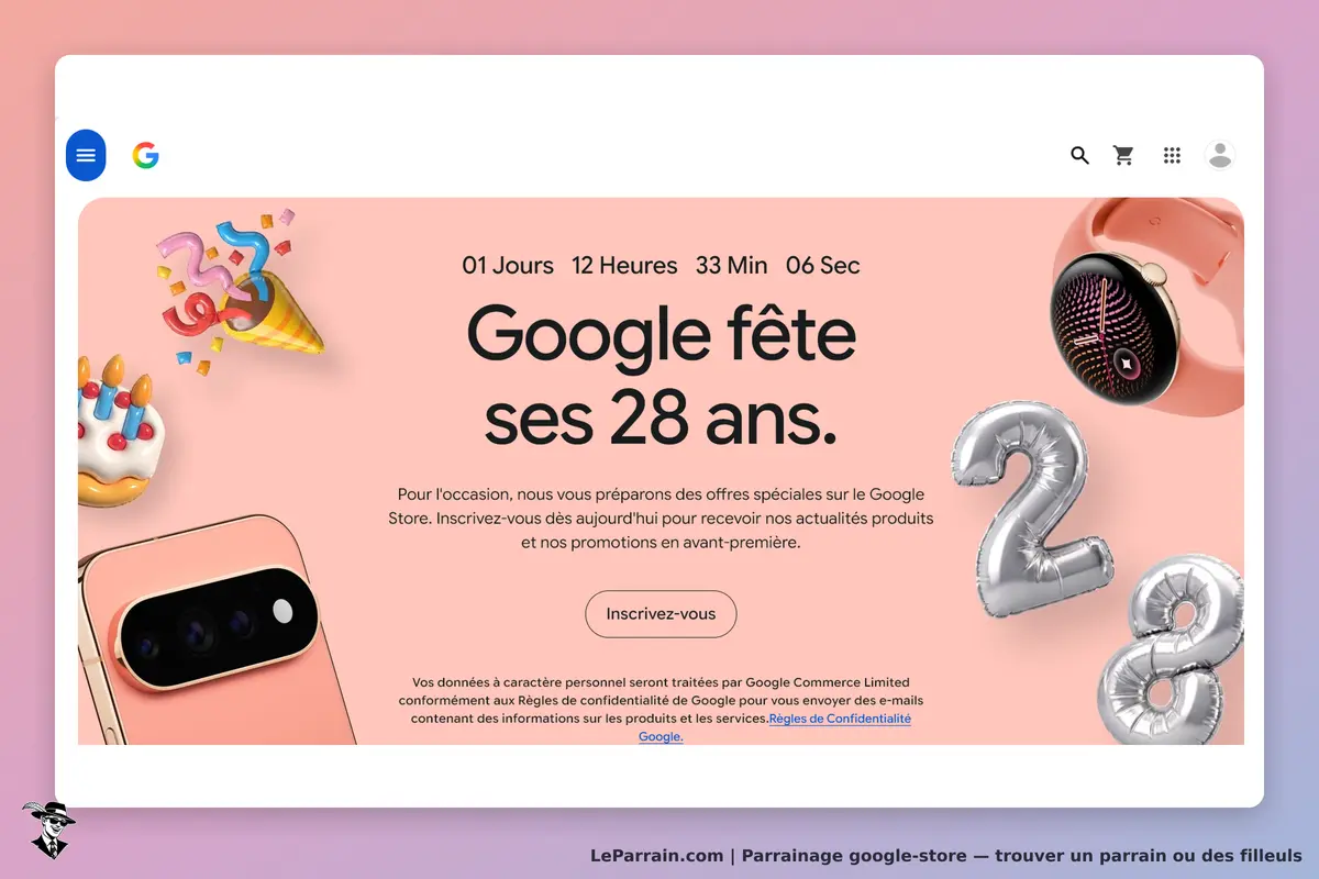 google-store : google : page d'accueil célébrant les 28 ans avec des éléments festifs et des
