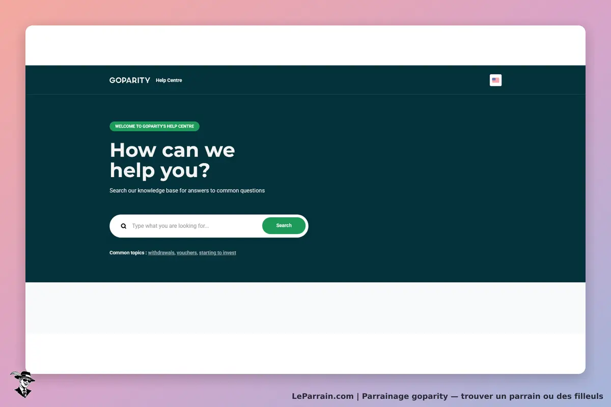 GOPARITY : page d'accueil du centre d'aide avec une barre de recherche et des sujets communs