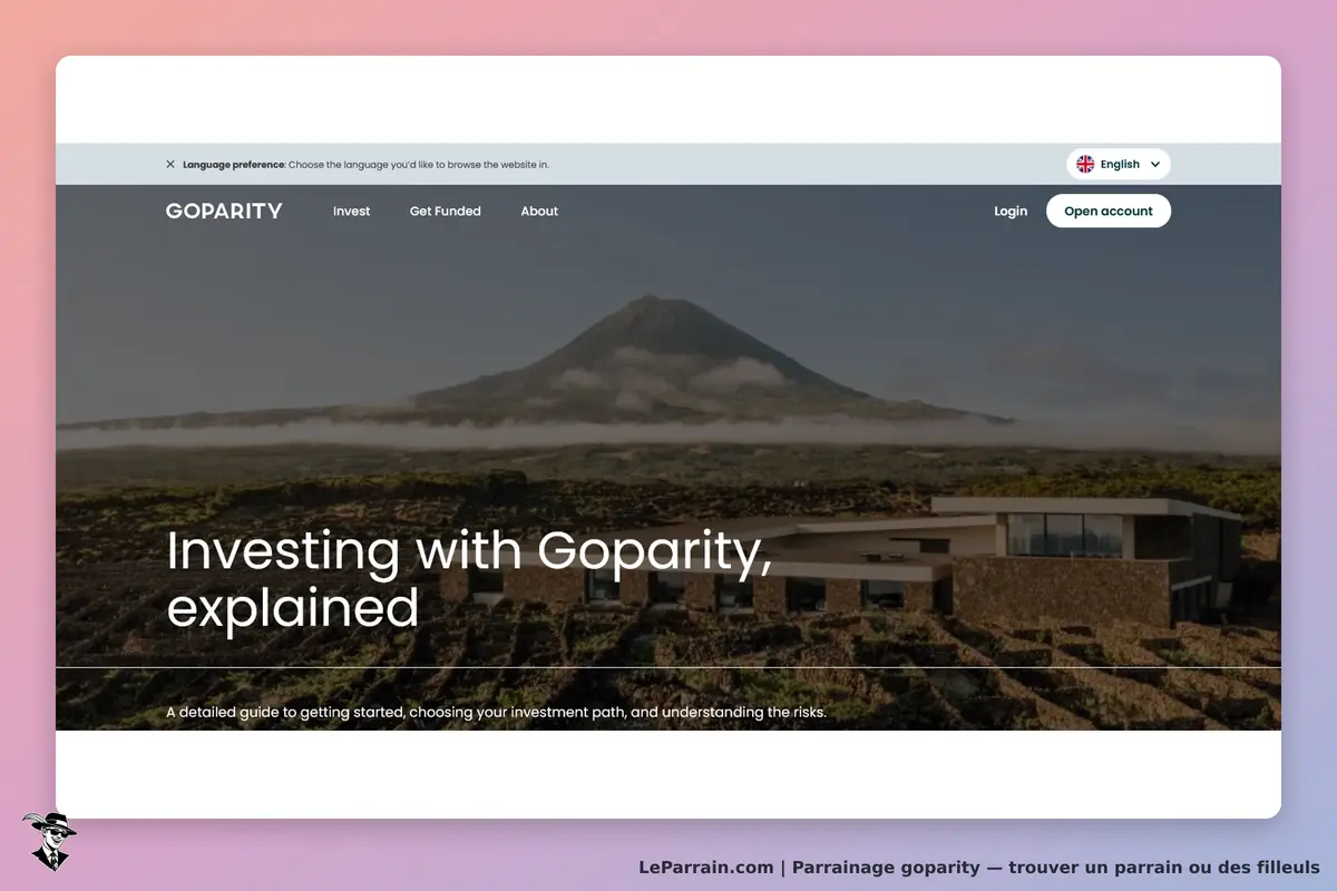 GOPARITY : page d'accueil avec un texte sur l'investissement et un paysage montagneux