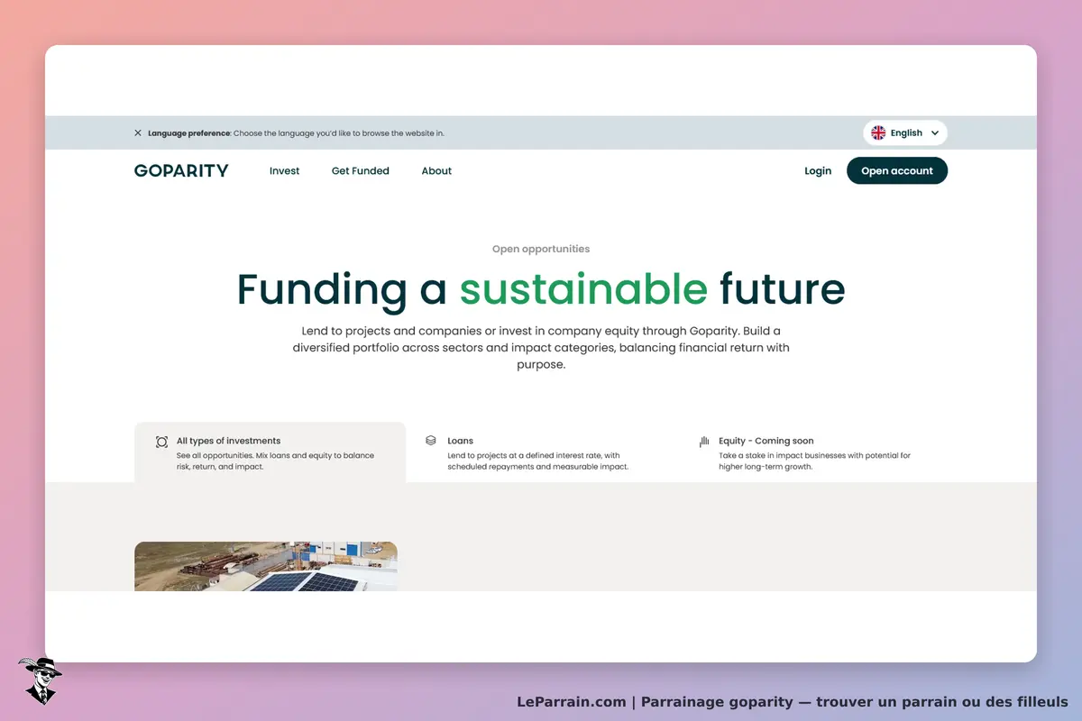 GOPARITY : page d'accueil présentant des opportunités de financement durable et types