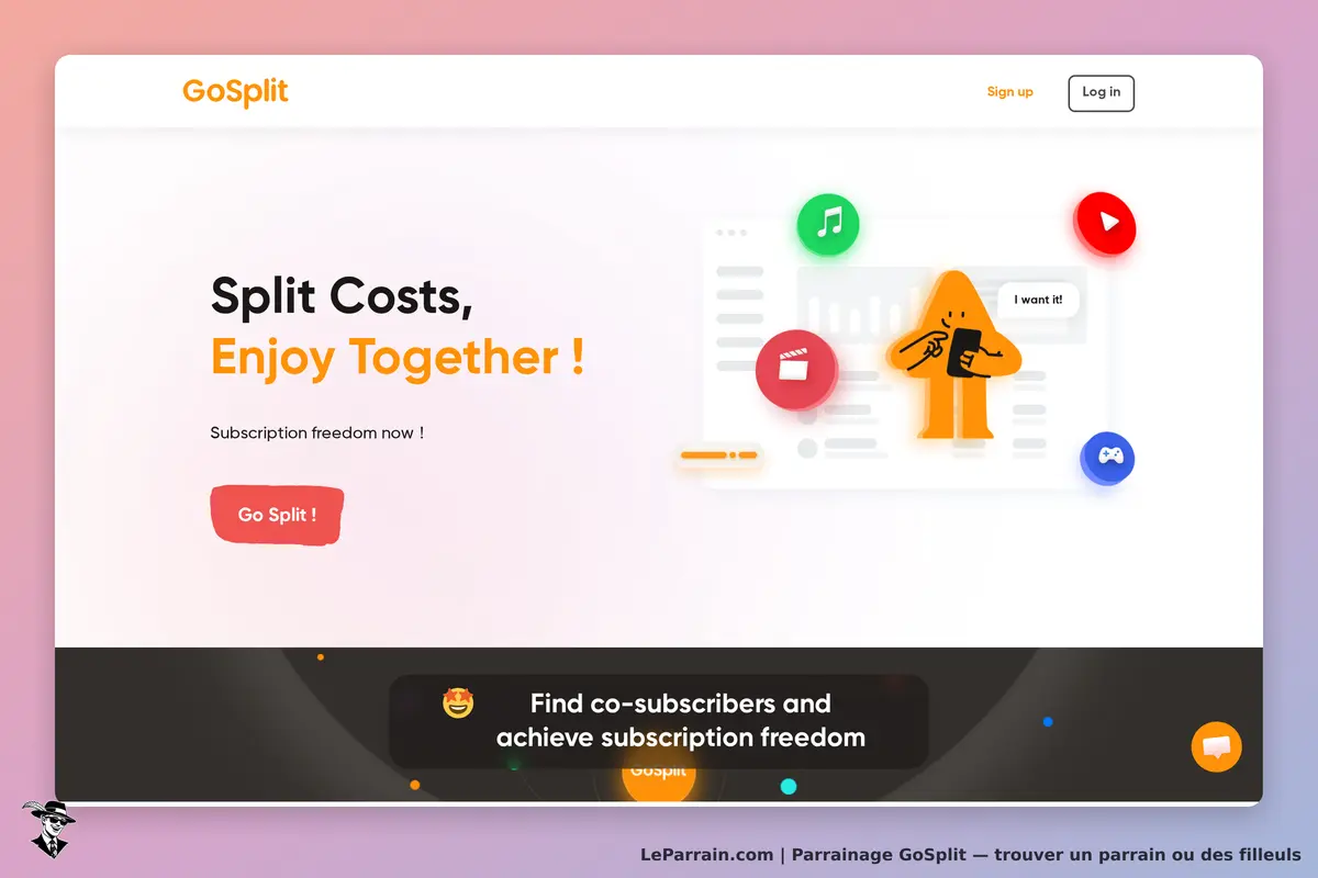 GoSplit : page d'accueil avec un personnage animé et des icônes de services divers