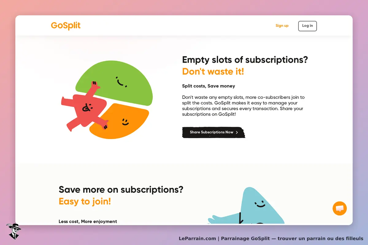 GoSplit : page d'accueil avec illustrations colorées et texte sur le partage d'abonnements
