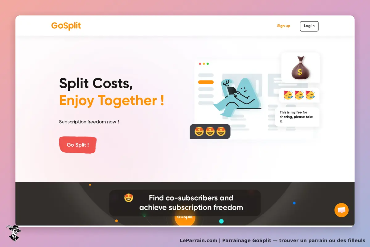 GoSplit : page d'accueil avec un message sur le partage des coûts et un bouton d'action
