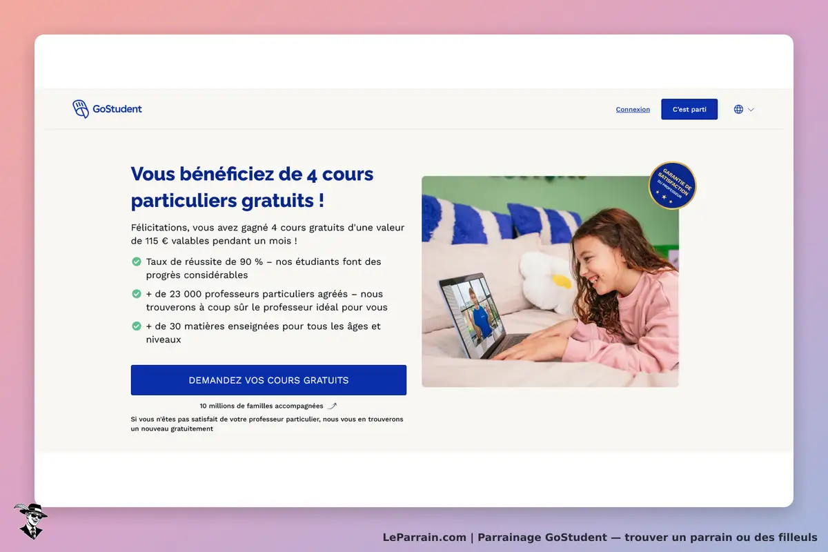 GoStudent : page d'accueil avec offre de cours particuliers et élève en visioconférence