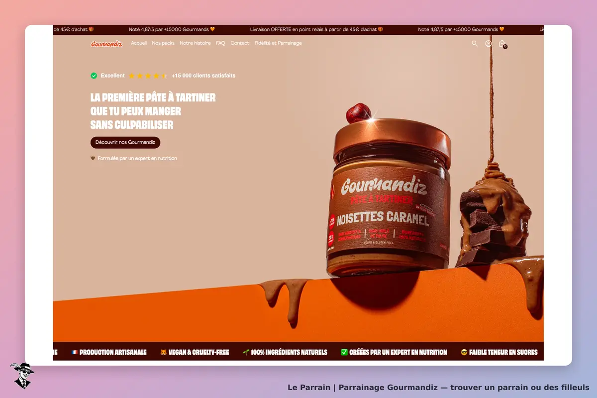 Gourmandiz : pot de pâte à tartiner noisettes caramel sur fond orange avec coulis chocolat
