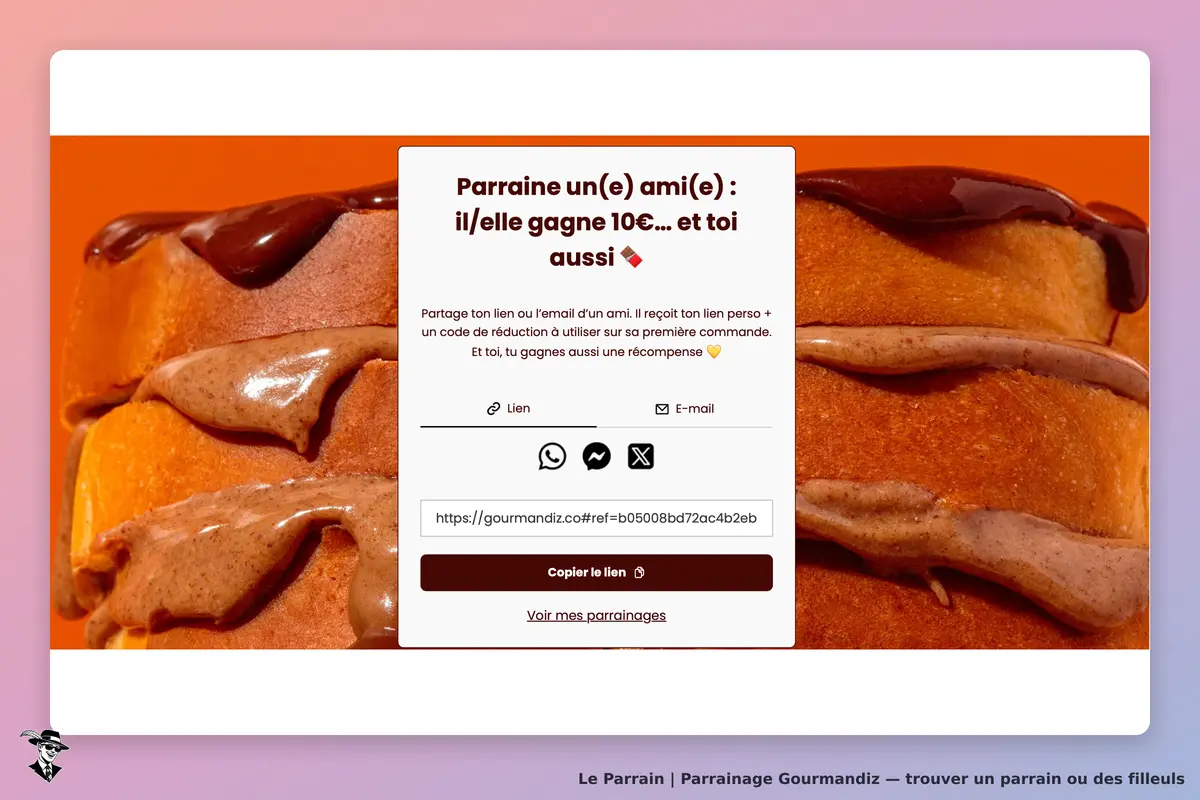 Gourmandiz : formulaire de parrainage avec un gâteau au chocolat en arrière-plan