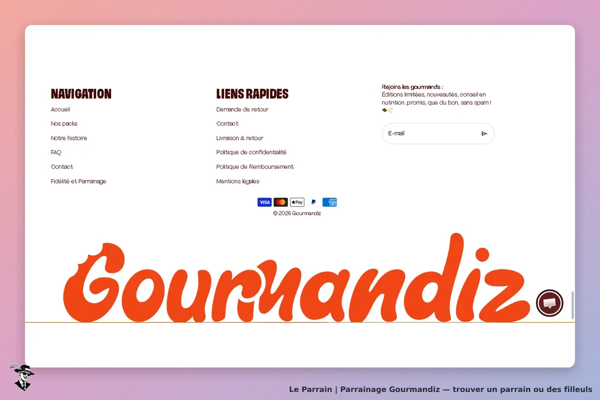 Gourmandiz : logo et menu de navigation avec liens rapides en bas de page d'accueil