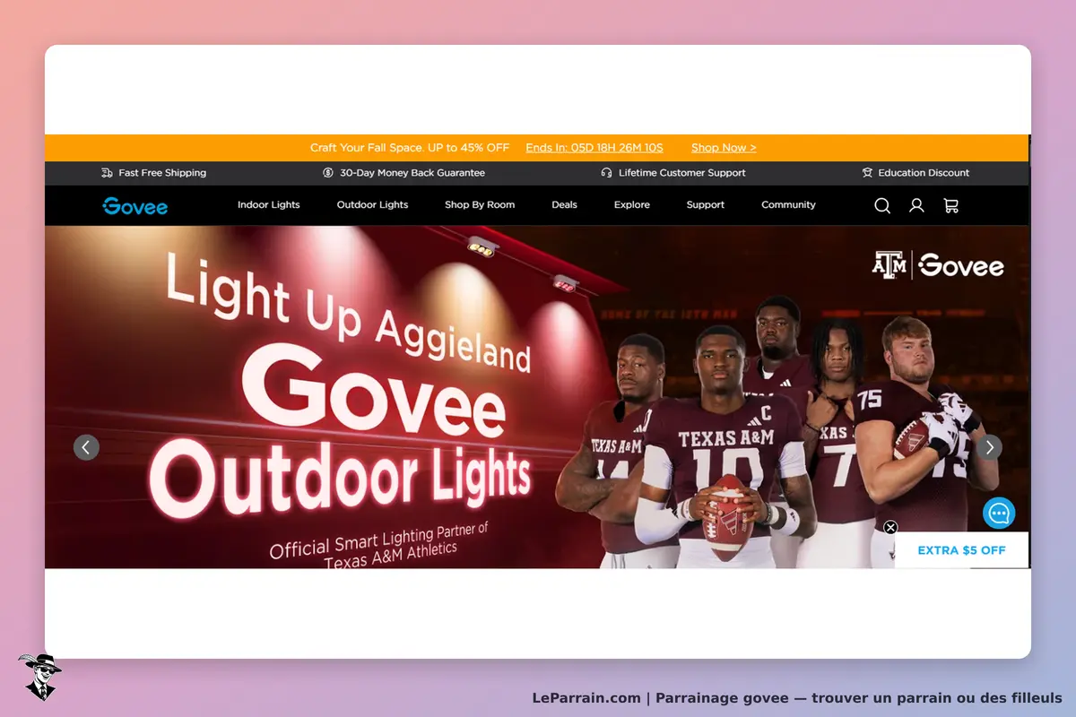 Govee : page d'accueil avec des lumières extérieures et des joueurs de football en uniforme