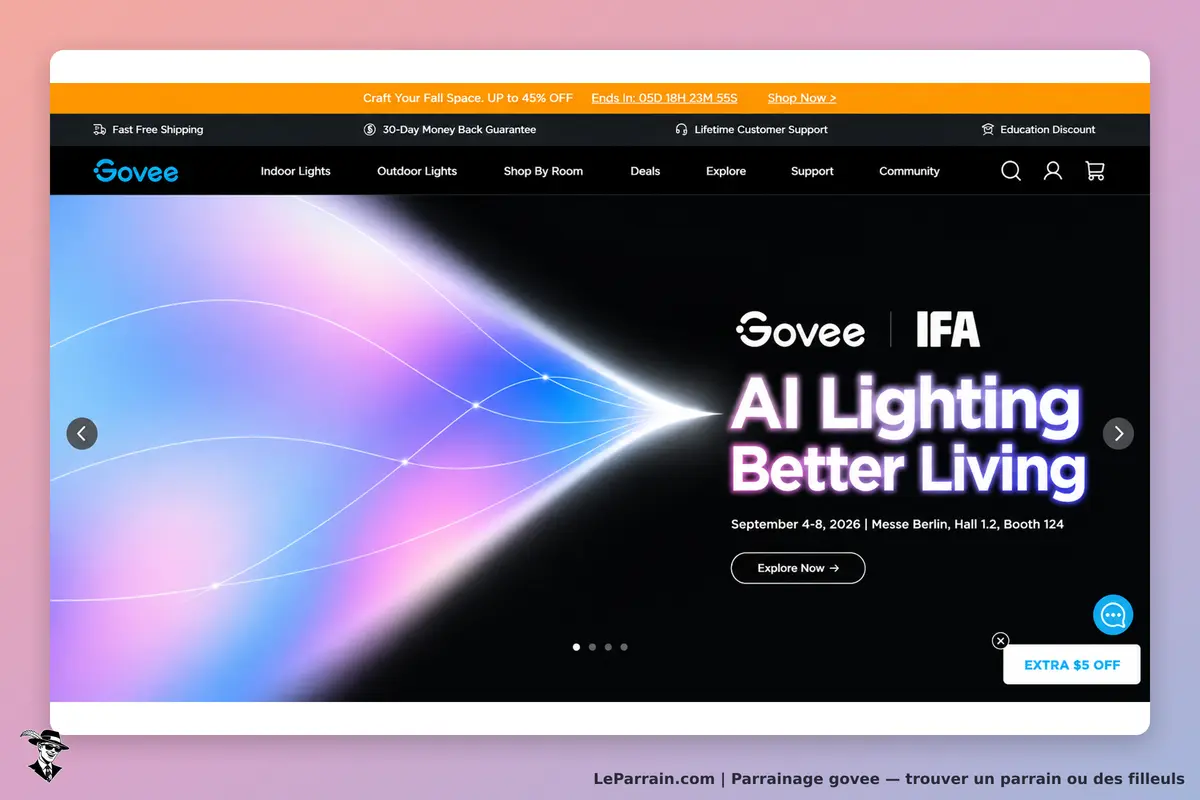 Govee : page d'accueil avec un visuel coloré et des informations sur un événement futur