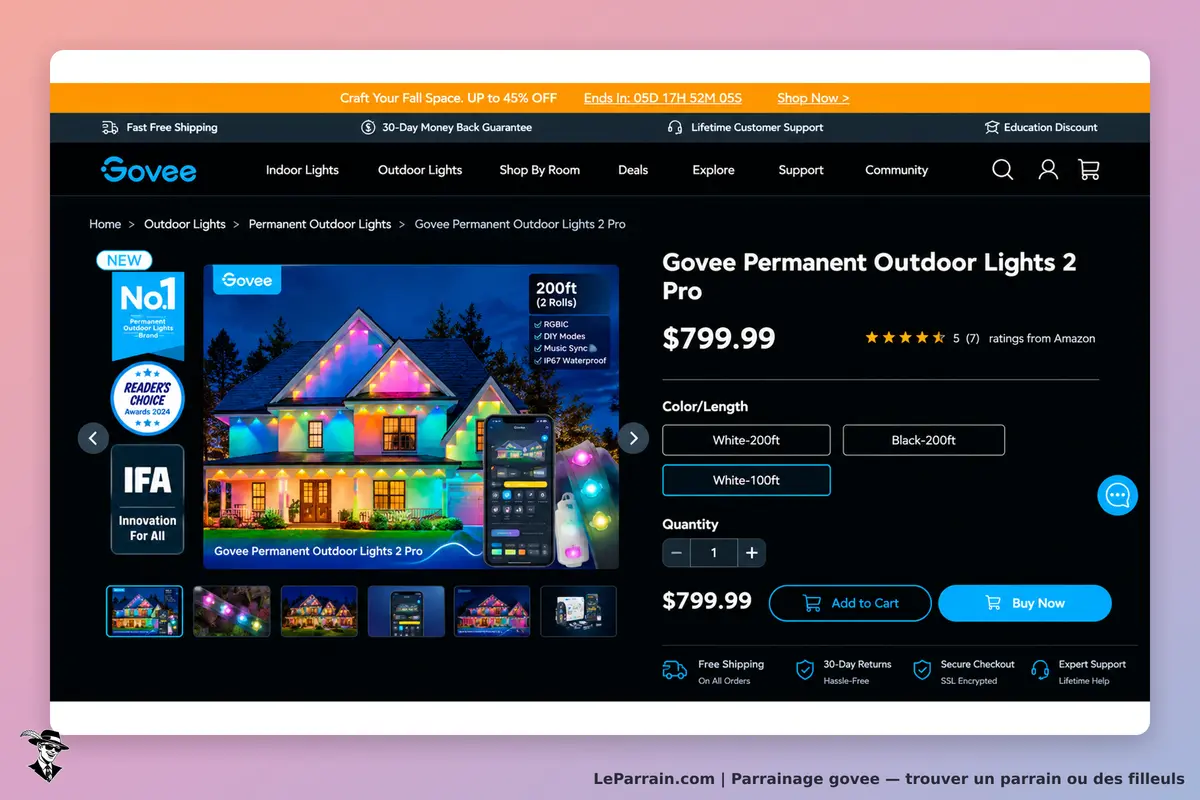 Govee : page produit des lumières extérieures permanentes avec options de couleur et longueur