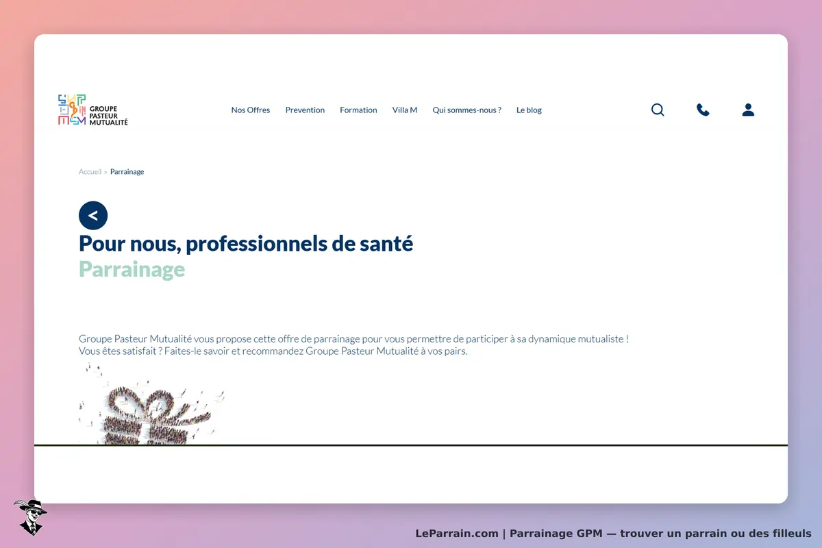 GPM : groupe Pasteur Mutualité : page de parrainage avec texte et illustration d'un cadeau