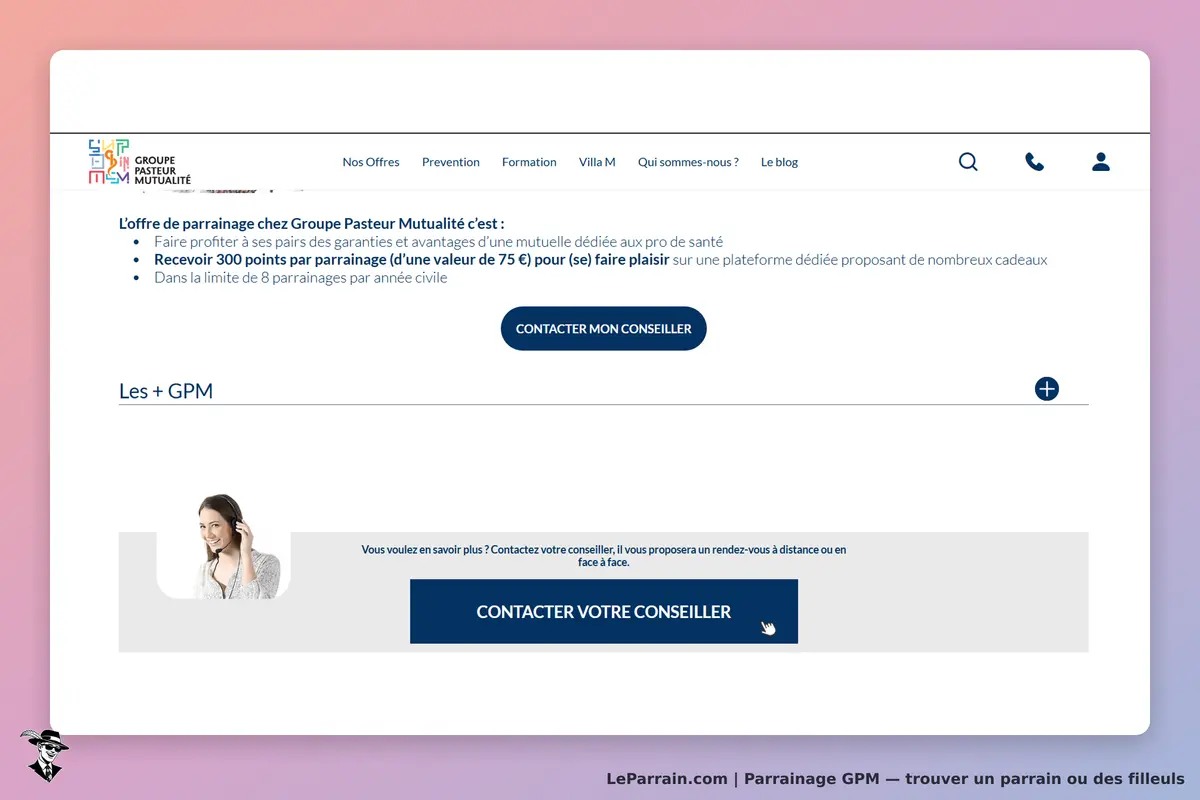 GPM : page d'accueil présentant l'offre de parrainage et un bouton pour contacter un conseiller