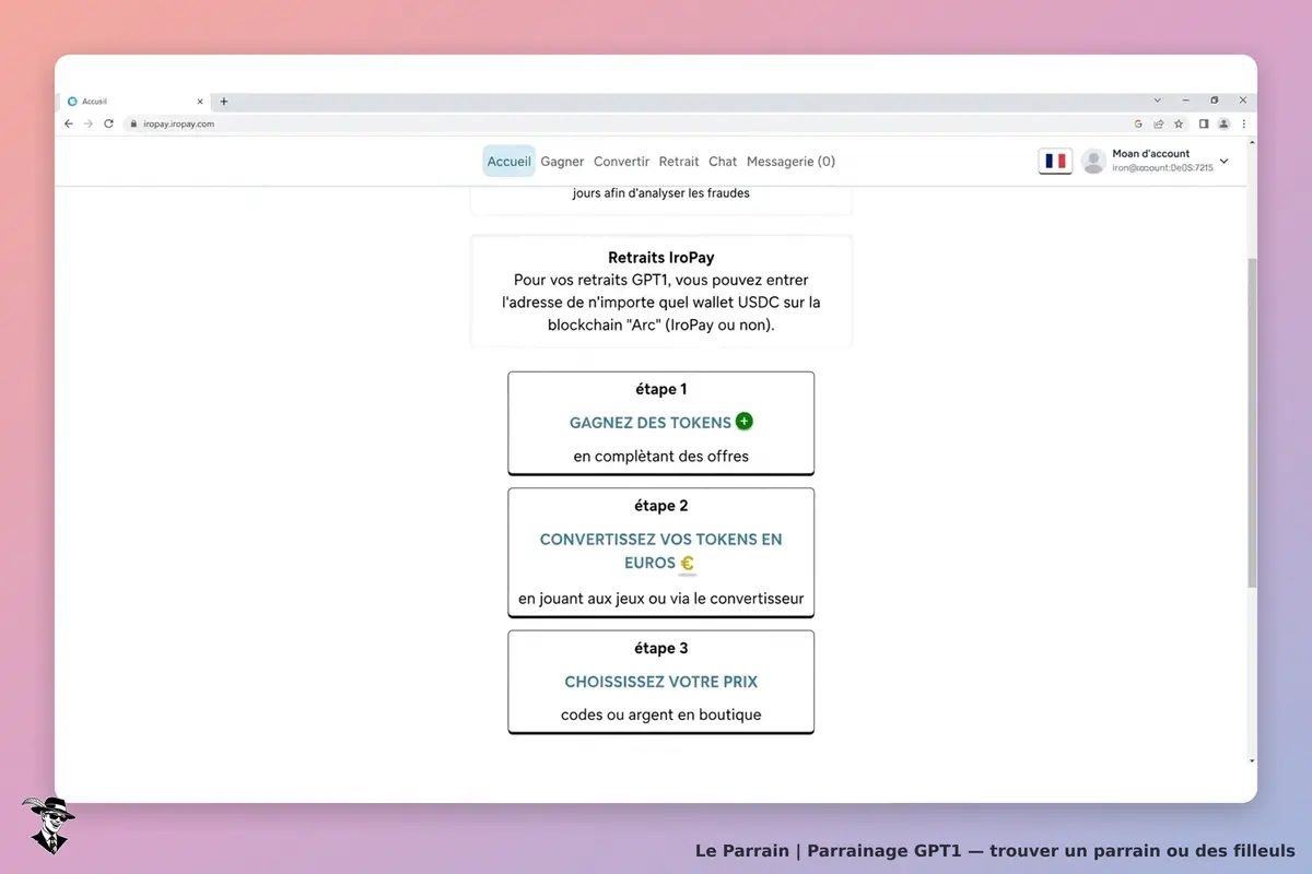 GPT1 : page d'accueil avec étapes pour gagner et convertir des tokens en euros