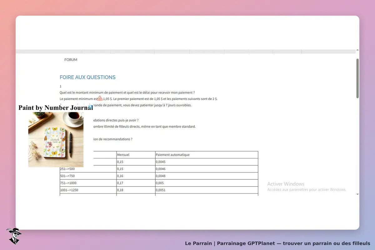GPTPlanet : page FAQ avec questions, tableau de paiements et image d'un carnet de peinture