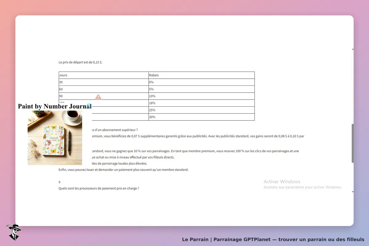 GPTPlanet : tableau des réductions selon la durée d'abonnement et image d'un carnet