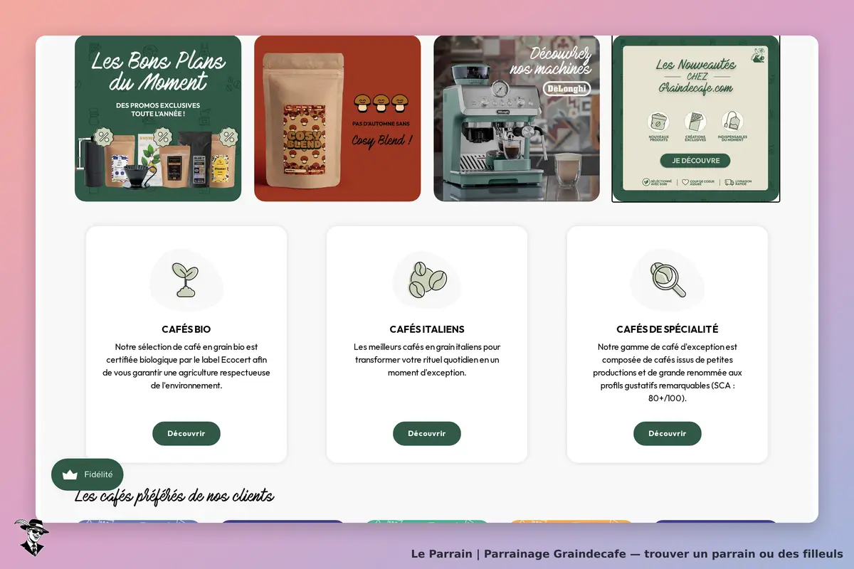 Graindecafe : section présentant des cafés bio, italiens et de spécialité avec des visuels