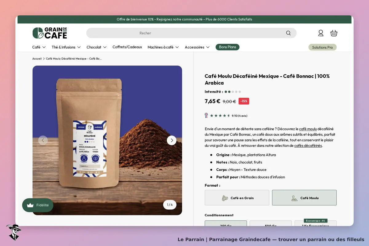 Graindecafe : sachet de café moulu décaféiné avec description et informations produit