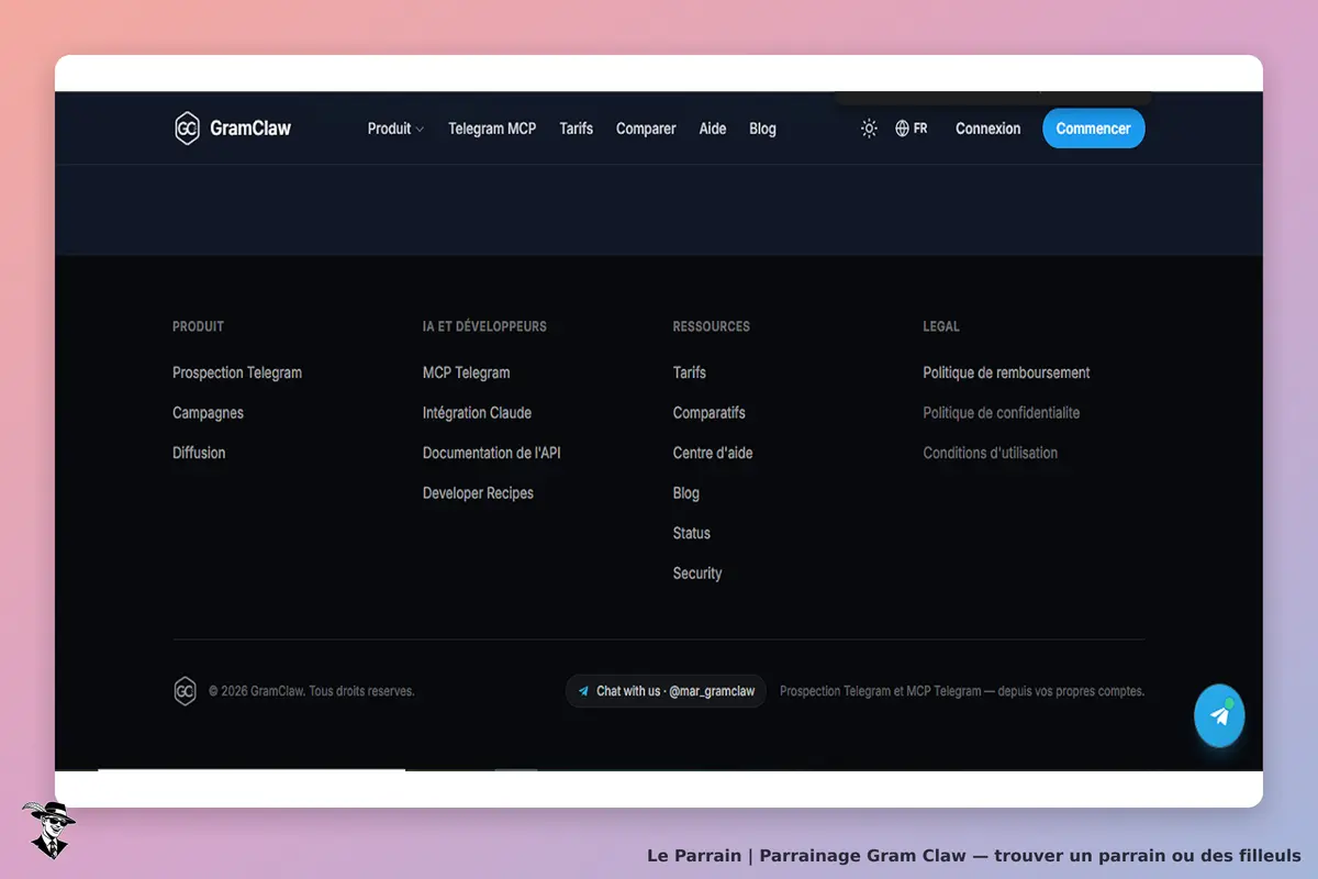 Gram Claw : gramClaw : menu de navigation en bas de page avec différentes sections et options de