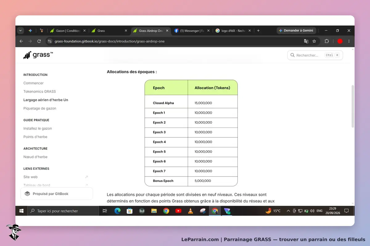 GRASS : tableau des allocations des époques avec différentes périodes et montants de tokens