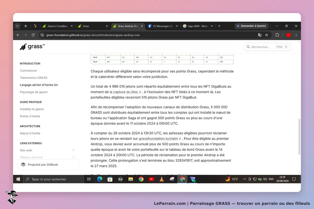 GRASS : page d'accueil présentant des informations sur l'airdrop et les points Grass